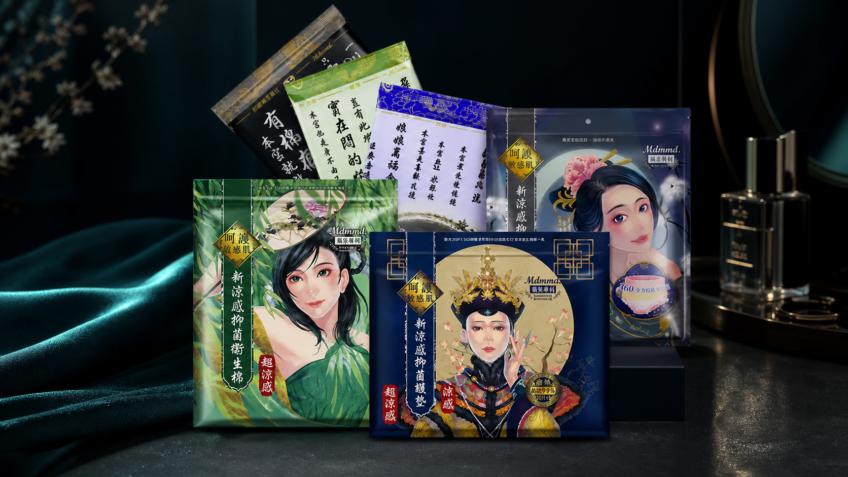 暗色梳妝台上完整陳列 Mdmmd 涼感與超涼感衛生棉系列
